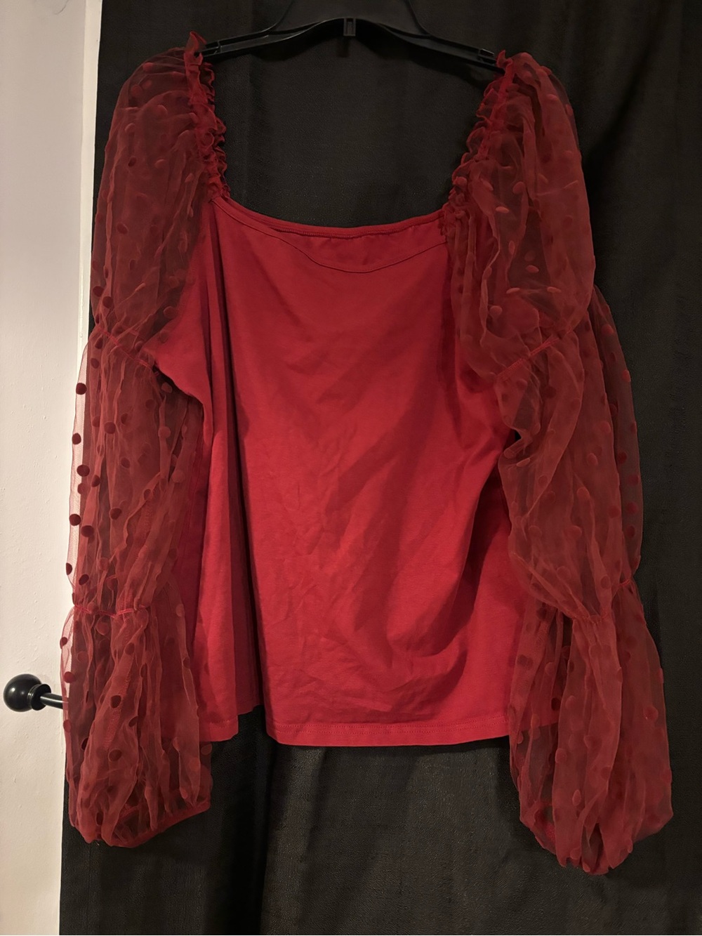 SHEIN Red Puff-Sleeve Polka Dot Sheer Blouse